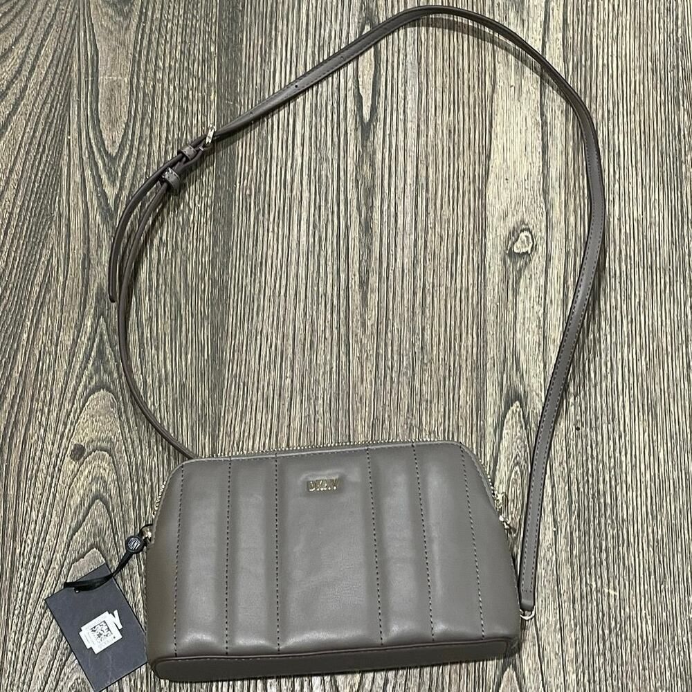 NWT DKNY Lexington Dome Quilted Crossbody Bag Faux Zipper Upper Leather Gray